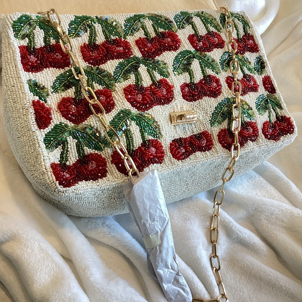 🍒Anthropologie Oversized Beaded Shoulder Bag Maeve Purse Novelty Gold Chain NEW - Picture 9 of 16